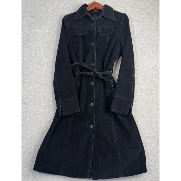stradivarius Jackets & Blazers - Stradivarius Black Corduroy Trench Coat Belted‎ Goth Academia L VTG Button Up